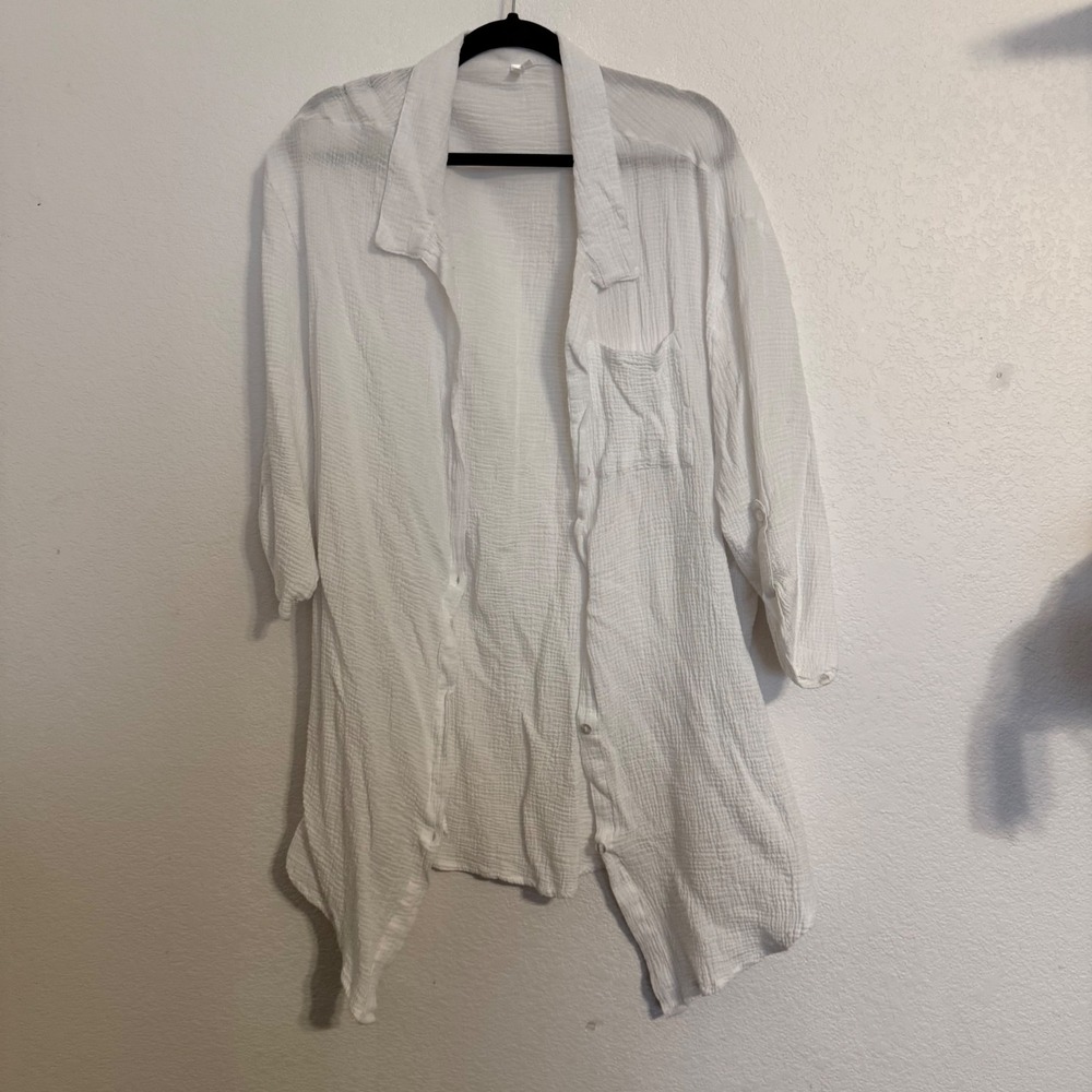 Tahiti Womens 3X White 100% Cotton Gauze Button Down Shirt Cover Up Relaxed Fit